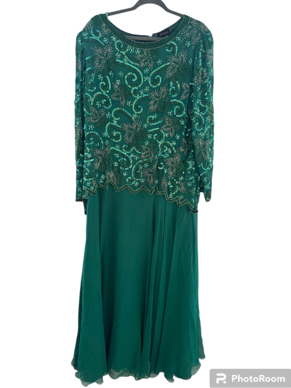 Vintage Jovani Beaded Long Sleeve Green Gown Embellished Maxi Dress Size XXL 2x